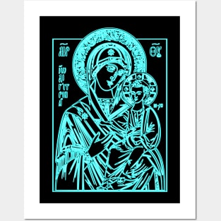 Icon of Virgin Mary and Jesus Christ (blue neon) Posters and Art